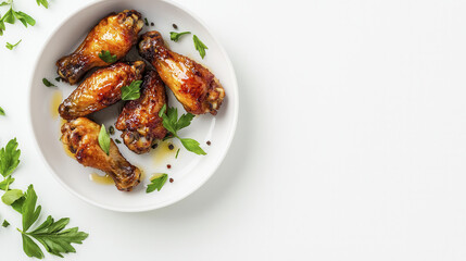 Delicious fried chicken wings garnished with fresh parsley on white plate