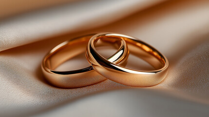 Two golden wedding rings resting on elegant satin fabric