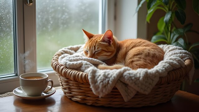 Cozy afternoon with ginger cat napping by the window on rainy day