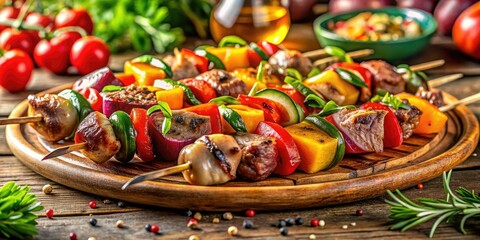 Fototapeta premium Panoramic photography showcases delightful grilled spiedini arrosto skewers.