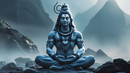  god shiva meditating in mountains