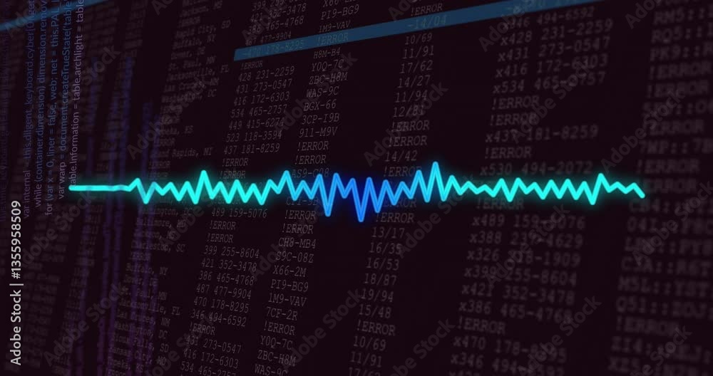 Poster neon waveform animation over digital data and error codes on dark background