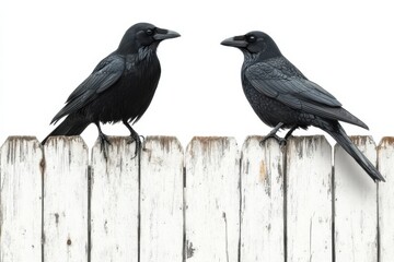 Two black crows perched on a weathered white wooden fence in bright daylight