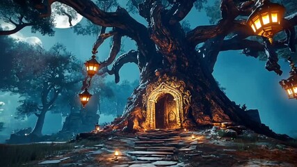 Mystical Moonlight Tree Entrance, use in fantasy game backgrounds - Powered by Adobe
