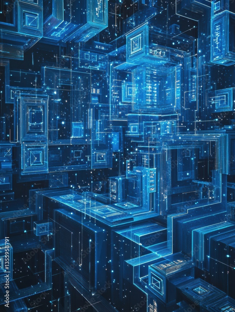 Poster Futuristic blockchain technology represented in layered paper cut style with glowing blue network nodes and an interconnected digital theme Generative AI