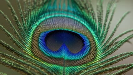 Obraz premium Close-up of a vibrant peacock feather showcasing iridescent colors.