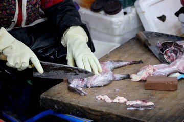 한국의 수산시장 가판대에서 아귀를 손질하는 상인의 손