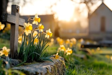 Wooden cross commemorating the deceased with daffodils blooming in spring at sunset near a church