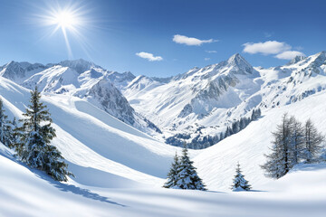 Obraz premium stunning winter landscape featuring snow covered mountains, bright sun, and evergreen trees