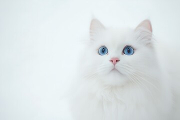 A white Persian cat with striking blue eyes rests elegantly.