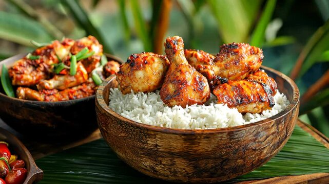 A wooden bowl filled with white rice, surrounded by chicken sizzling in oil and spices on the side, generative AI