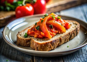 Roasted eggplant & pepper spread atop sprouted wheat: a minimalist toast.