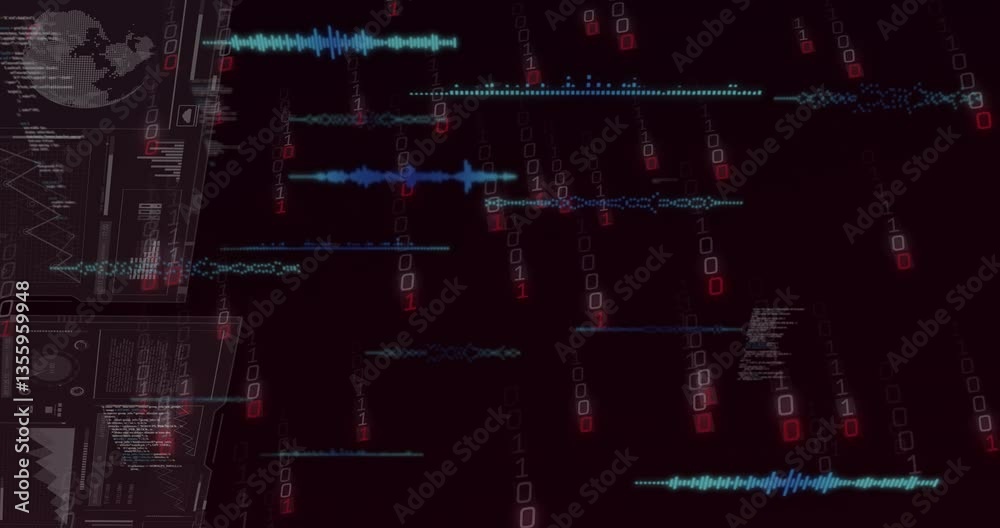 Poster digital data streams and binary code animation over dark background