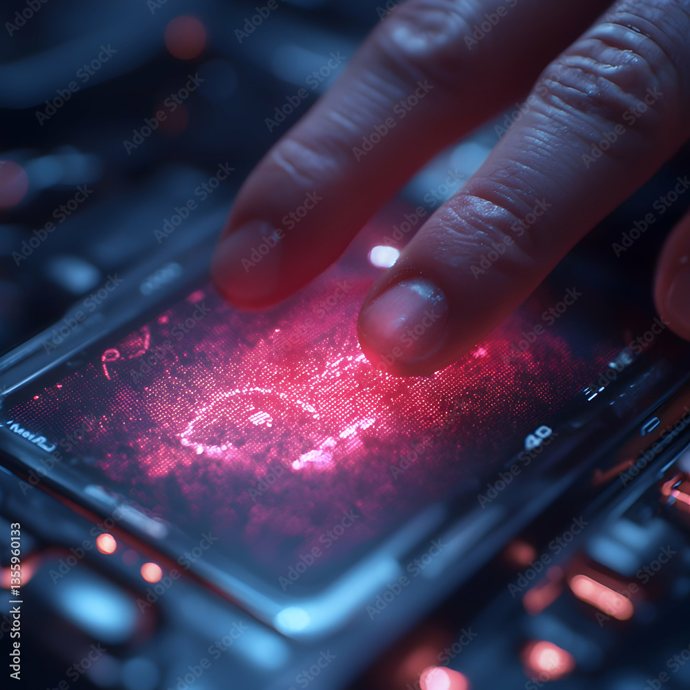 Poster a hand interacts with a glowing screen displaying data points. possibly a control panel. excellent f