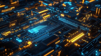 Abstract Circuit Board Glowing with Orange and Blue Lights Futuristic Technology Background