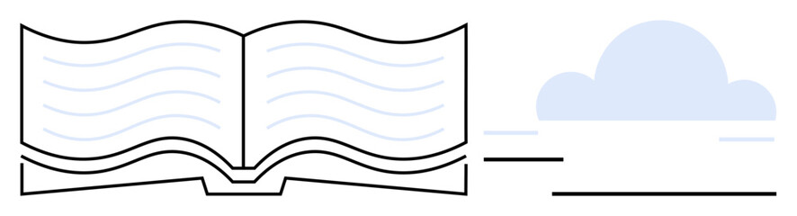 Open book with flowing wavy lines alongside subtle clouds. Ideal for education, creativity, imagination, learning, storytelling, literature, inspiration in flat simple metaphor