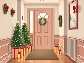 Fototapeta premium Festive hallway glows warmly with Christmas trees presents and wreaths. AI Generated