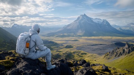 Astronaut sitting and admiring volcanic landscape on another planet