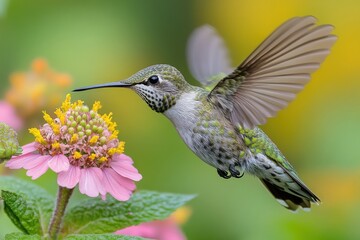 Naklejka premium Colorful hummingbird feeding on blooming flower in a natural garden setting