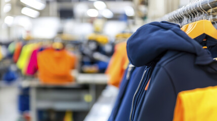 Industrial textile factory with rows of colorful hoodies on display