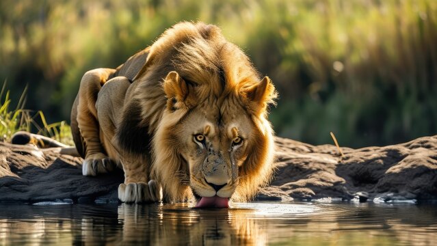 A majestic lion drinking from a serene water source.