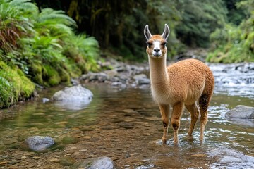 Ilama standing in a clear water stream in the andes mountains