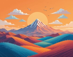 Vibrant Sunset over Colorful Rolling Hills and Majestic Mountain Peak A Stunning Landscape Illustration
