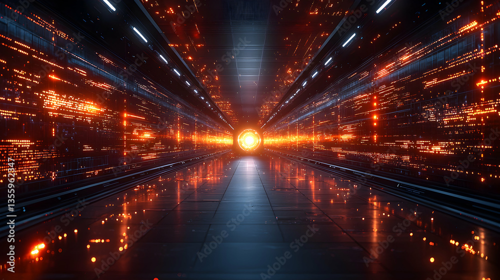 Poster a futuristic data tunnel with glowing orange lines and a bright core. great for sci-fi backgrounds o