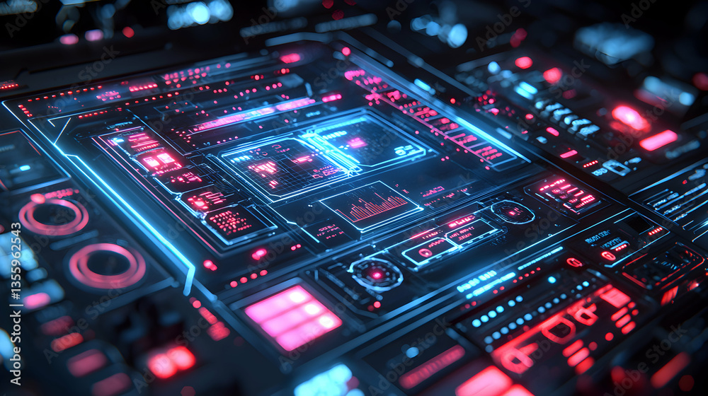 Poster futuristic interface illuminated with neon blue and red lights. perfect for sci-fi game interfaces u