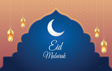 Eid Mubarak vector design with Islamic decorations, lanterns, crescent moon