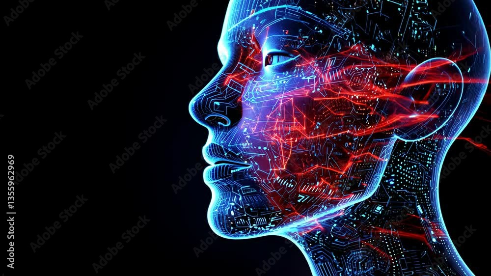 Poster digital transformation: futuristic human head with dynamic neural network visualization