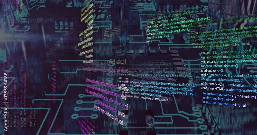 Poster colorful programming code and digital data processing animation over dark background