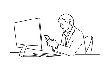 Businessman Working at Desk, Checking Smartphone, Computer Screen