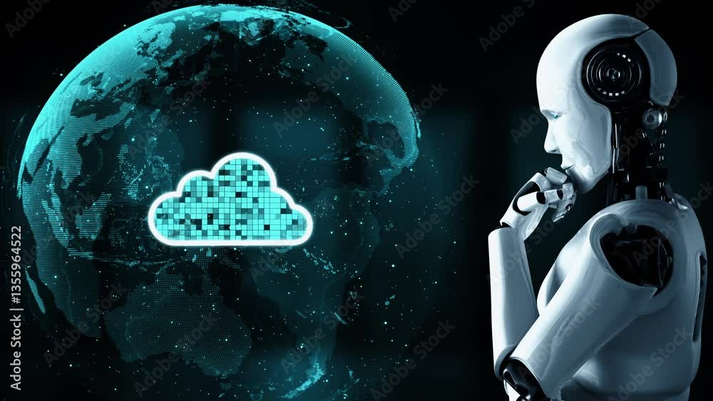 Poster ai robot huminoid uses cloud computing technology to store data on online server . futuristic concep