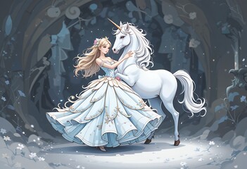 Girl in gown hugging white unicorn in enchanted forest artwork