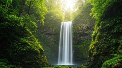 A tranquil waterfall surrounded by lush greenery and sunlight.