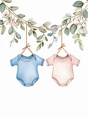 clipart gender reveal card Watercolor baby bodysuits blue pink floral branch hanging infant clothing pastel babywear cotton nursery cute minimalist floral baby shower organic illustration decoration