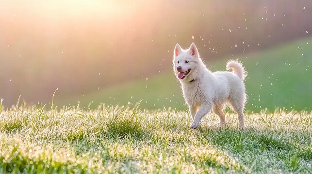 White dog playing in dewy morning grass