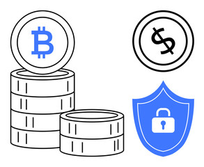 Stacks of coins with Bitcoin and dollar icons alongside a lock-protected shield representing financial security. Ideal for digital currency, blockchain, fintech, savings, investment, payment