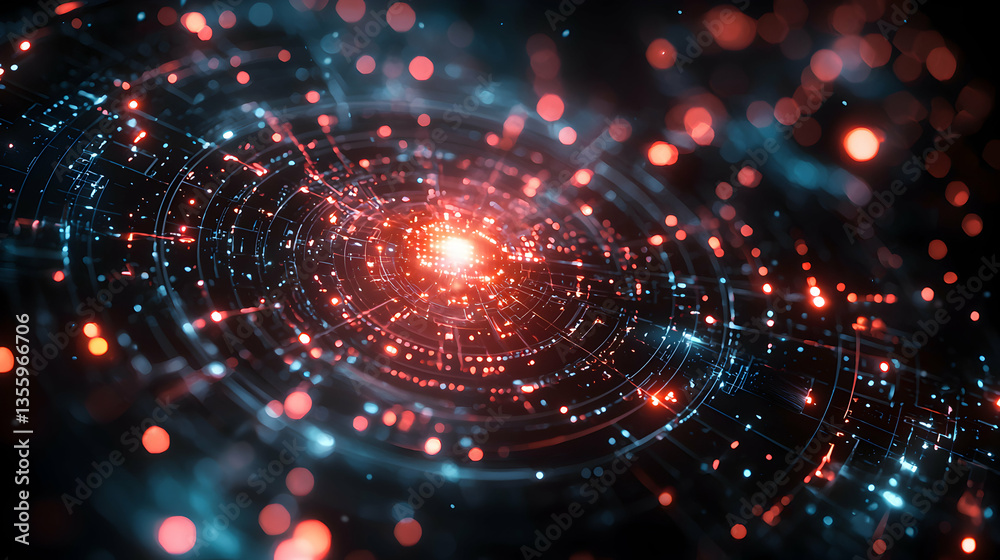 Poster this abstract image depicts a glowing network with a central bright point. it evokes data flow or di