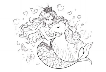 Mermaid Hugging Unicorn Coloring Page Fantasy Illustration for Creative Projects
