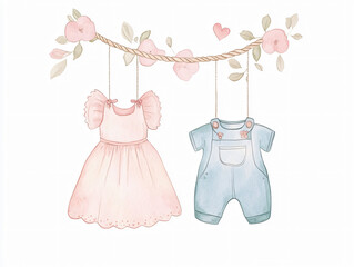 clipart card Watercolor pink dress blue overalls hanging floral garland gender reveal babywear nursery decor infant outfit delicate soft pastel botanical illustration baby shower girl boy clothing art