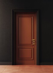 Elegant, Classic, Warm Brown Wooden Interior Doorway Against a Striking Black Wall, Evoking a Sense of Sophistication and Calm within a Modern Home.