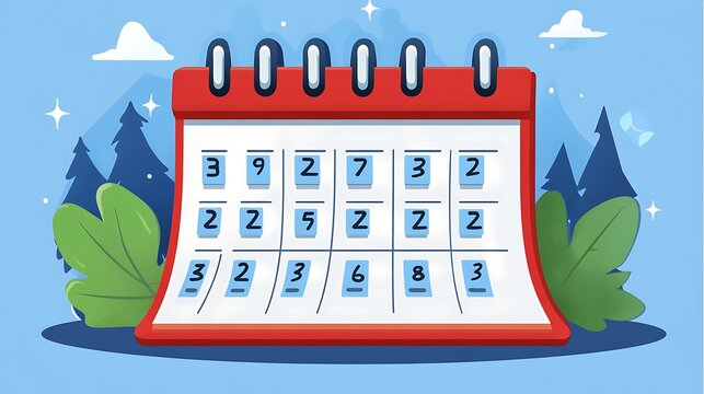 A cartoon calendar with displayed numbers and a nature inspired background