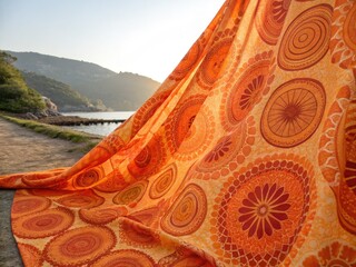 Vibrant orange kaleidoscope: boho dress and home d&eacute;cor.
