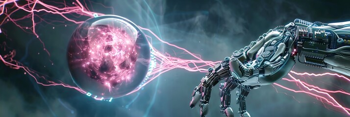 A biomechanical hand with intricate silver plating embedded with glowing AI circuits and photonic neural pathways 