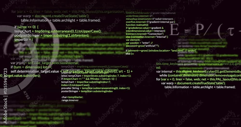 Poster Animation of green code snippets and functions with equations on dark background