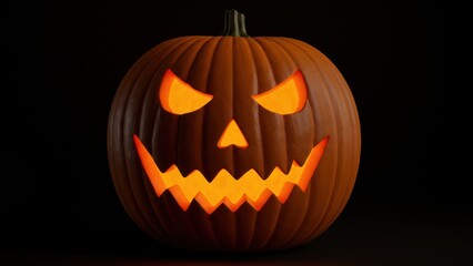 A spooky carved pumpkin glowing in the dark for Halloween.