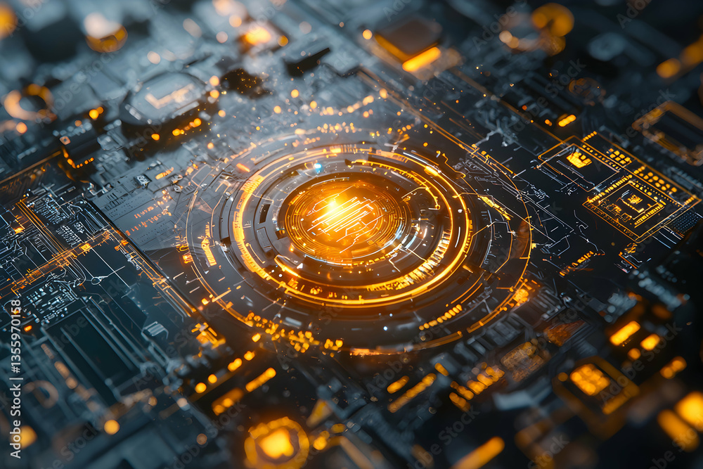 Poster an abstract image of a circuit board with a glowing center suggests digital technology or data proce