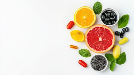 Colorful Citrus Fruits And Supplements On White Background